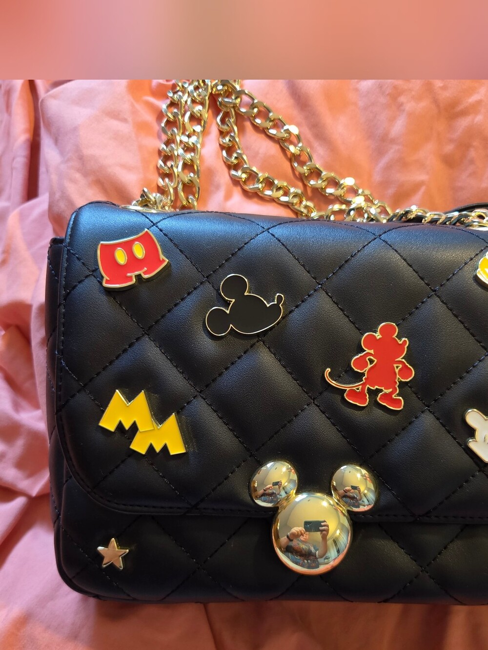 Loungefly Black Quilted Shoulder Bag with Gold Chain and Enamel Character Pins
